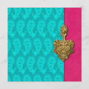 Aqua Paisley Peacock Indian Wedding Invitation Kaart