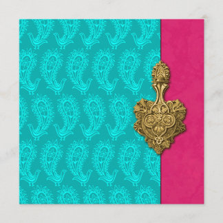 Aqua Paisley Peacock Indian Wedding Invitation Kaart