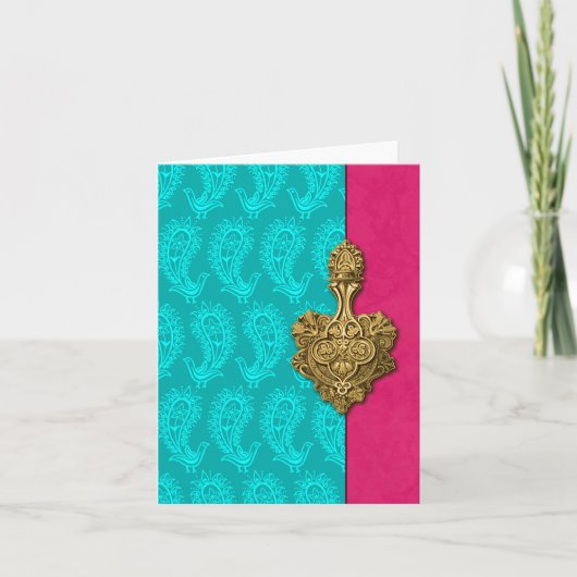 Aqua Paisley Peacocks Indian Note Cards Kaart (Voorkant)