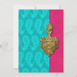 Aqua Paisley Peacocks Indian Wedding Invitation Kaart