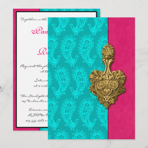 Aqua Paisley Peacocks Indian Wedding Invitation Kaart