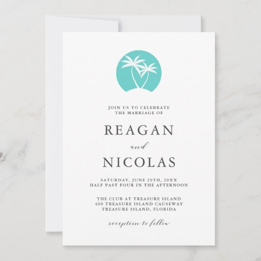 Aqua Palm Tree Logo Tropical Beach Wedding Kaart (Voorkant)