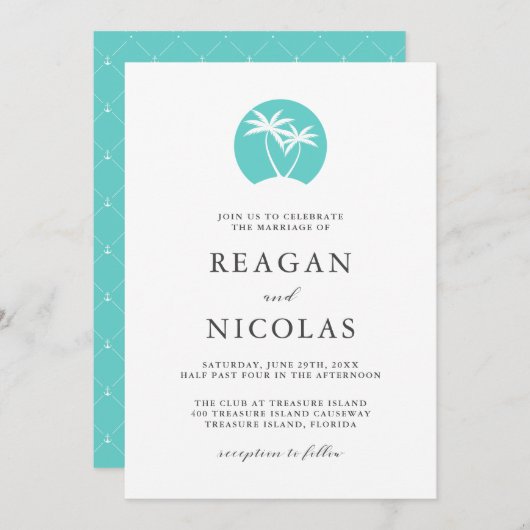 Aqua Palm Tree Logo Tropical Beach Wedding Kaart (Voorkant / Achterkant)