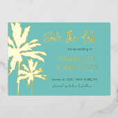 Aqua Palm Trees Beach Wedding Save the Date Gold Folie Uitnodiging (Voorkant)
