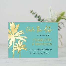 Aqua Palm Trees Strand Huwelijk Opslag Datum Goud Folie Uitnodiging