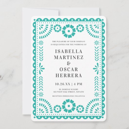 Aqua Papel Picado Geïnspireerd huwelijk Kaart (Voorkant)