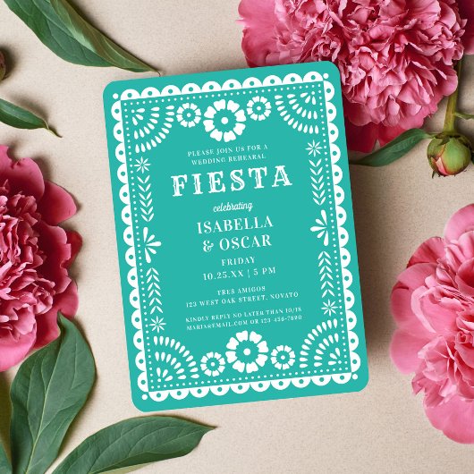  Aqua Papel Picado Wedding Rehearsal Dinner Kaart