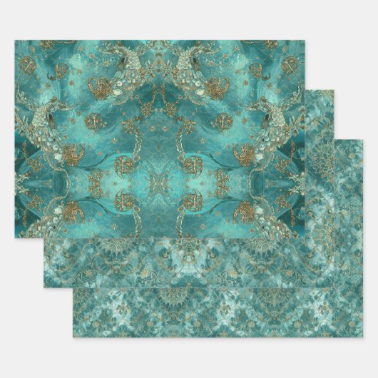 Aqua parelglans & gouden zeemeermin schubpatroon inpakpapier vel (Set)