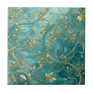 Aqua parelglans & Gouden Zeemeermin Schubpatroon Tegeltje