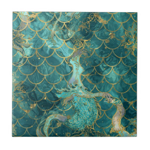 Aqua parelglans & gouden zeemeermin schubpatroon  tegeltje