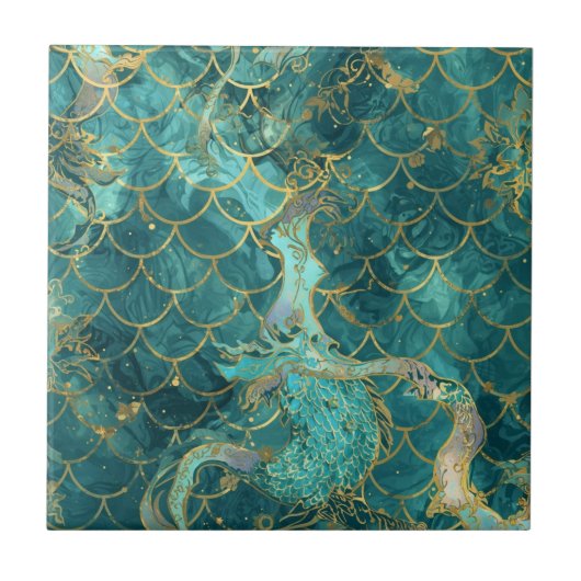Aqua parelglans & gouden zeemeermin schubpatroon tegeltje (Voorkant)