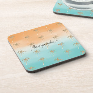 Aqua Peach Gold Tropical Palm Trees ombre Bier Onderzetter
