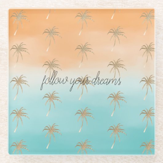 Aqua Peach Gold Tropical Palm Trees ombre Glazen Onderzetter (Voorkant)