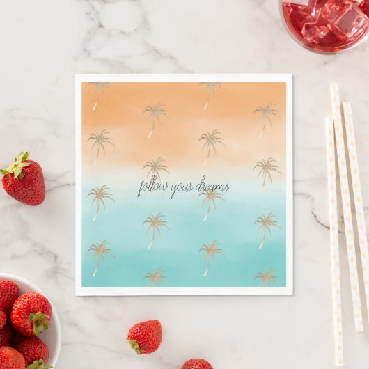 Aqua Peach Gold Tropical Palm Trees ombre Servet (Insitu)