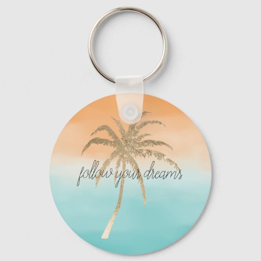 Aqua Peach Gold Tropical Palm Trees ombre Sleutelhanger (Voorkant)