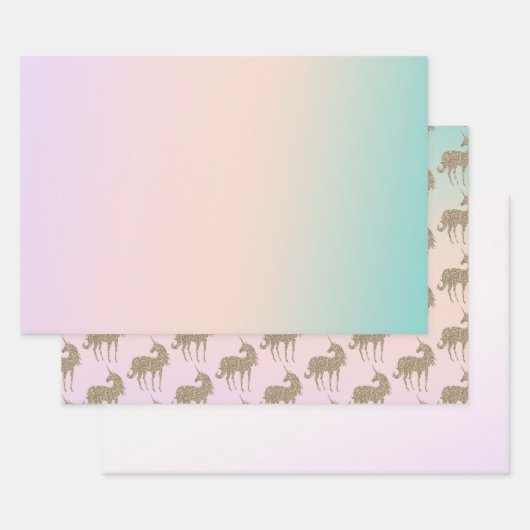 Aqua Peach Purple Pink Tie Dye Glitter Unicorn Inpakpapier Vel (Set)