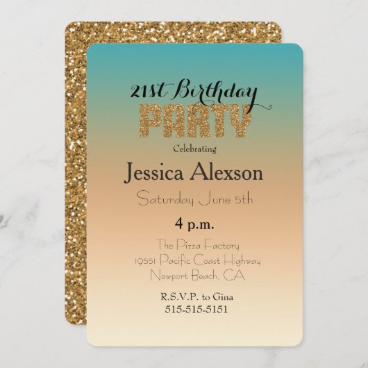 Aqua Peach Sunset Ombre Gouden Glitter Kaart (Voorkant / Achterkant)