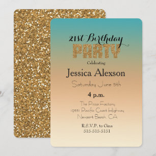 Aqua Peach Sunset Ombre Gouden Glitter Kaart