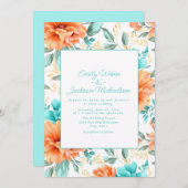 Aqua Peach Waterverf Floral Wedding Kaart (Voorkant / Achterkant)