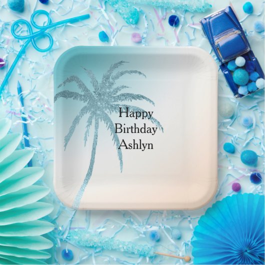 Aqua Peach Witte Palm Tree Verjaardag Papieren Bordje (Feest)