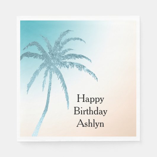 Aqua Peach Witte Palm Tree Verjaardag Servet (Voorkant)