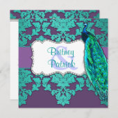 Aqua Peacock en Paarse Damask Wedding Invitations Kaart (Voorkant / Achterkant)