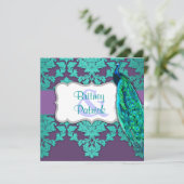 Aqua Peacock en Paarse Damask Wedding Invitations Kaart (Staand voorkant)