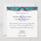 Aqua Peacock en Paarse Damask Wedding Invitations Kaart (Achterkant)