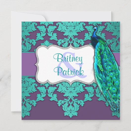 Aqua Peacock en Paarse Damask Wedding Invitations Kaart (Voorkant)