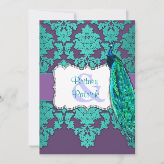 Aqua Peacock en Paarse Damask Wedding Invitations Kaart (Voorkant)