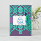 Aqua Peacock en Paarse Damask Wedding Invitations Kaart (Staand voorkant)