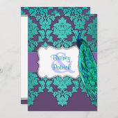 Aqua Peacock en Paarse Damask Wedding Invitations Kaart (Voorkant / Achterkant)