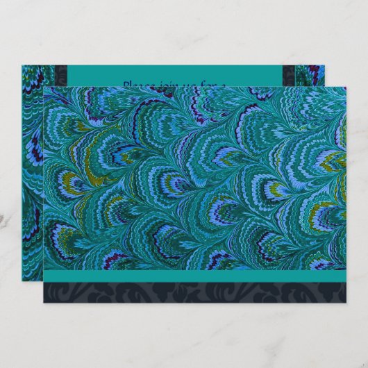 Aqua Peacock Feather Party Invitation Kaart (Voorkant / Achterkant)