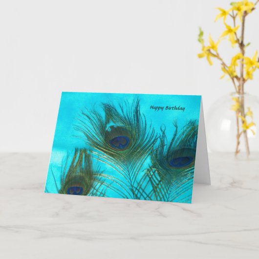 Aqua Peacock Feathers Kaart (Gele Bloem)