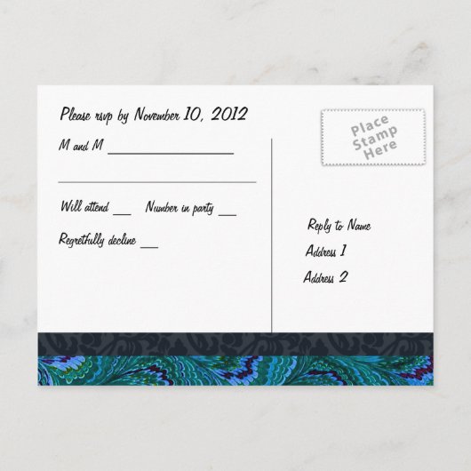 Aqua Peacock Feathers RSVP Uitnodiging Briefkaart (Achterkant)