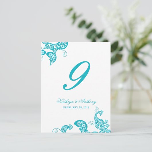 Aqua Peacock Floral Paisley Trouwtafelnummer Briefkaart (Staand voorkant)
