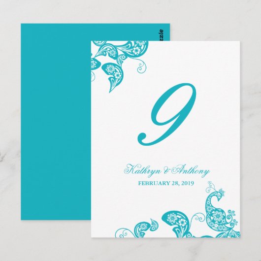 Aqua Peacock Floral Paisley Trouwtafelnummer Briefkaart (Voorkant / Achterkant)