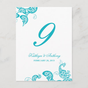 Aqua Peacock Floral Paisley Wedding Table Number Briefkaart