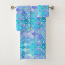 Aqua Pearlescent & Gold Mermaid Scale Patroon Bad Handdoek
