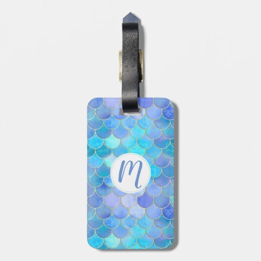 Aqua Pearlescent & Gold Mermaid Scale Patroon Bagagelabel (Achterkant verticaal)