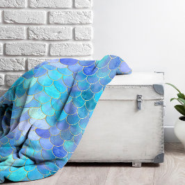 Aqua Pearlescent & Gold Mermaid Scale Patroon Fleece Deken