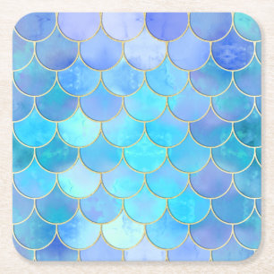 Aqua Pearlescent & Gold Mermaid Scale Patroon Kartonnen Onderzetters