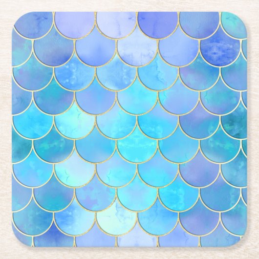 Aqua Pearlescent & Gold Mermaid Scale Patroon Kartonnen Onderzetters (Voorkant)