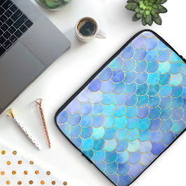Aqua Pearlescent & Gold Mermaid Scale Patroon Laptop Sleeve