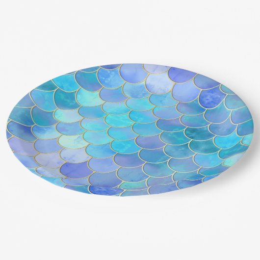 Aqua Pearlescent & Gold Mermaid Scale Patroon Papieren Bordje (Gekanteld)
