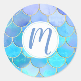 Aqua Pearlescent & Gold Mermaid Scale Patroon Ronde Sticker