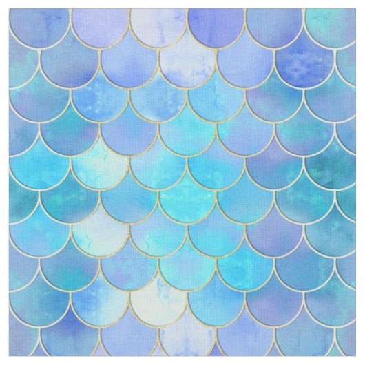 Aqua Pearlescent & Gold Mermaid Scale Patroon Stof (Close Up)