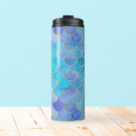 Aqua Pearlescent & Gold Mermaid Scale Patroon Thermosbeker