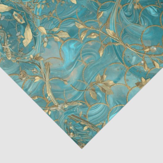Aqua Pearlescent & Gold Mermaid Scale Pattern Tissuepapier (Detail)