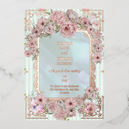  Aqua Peony bruiloft Folie Uitnodiging (Voorkant)